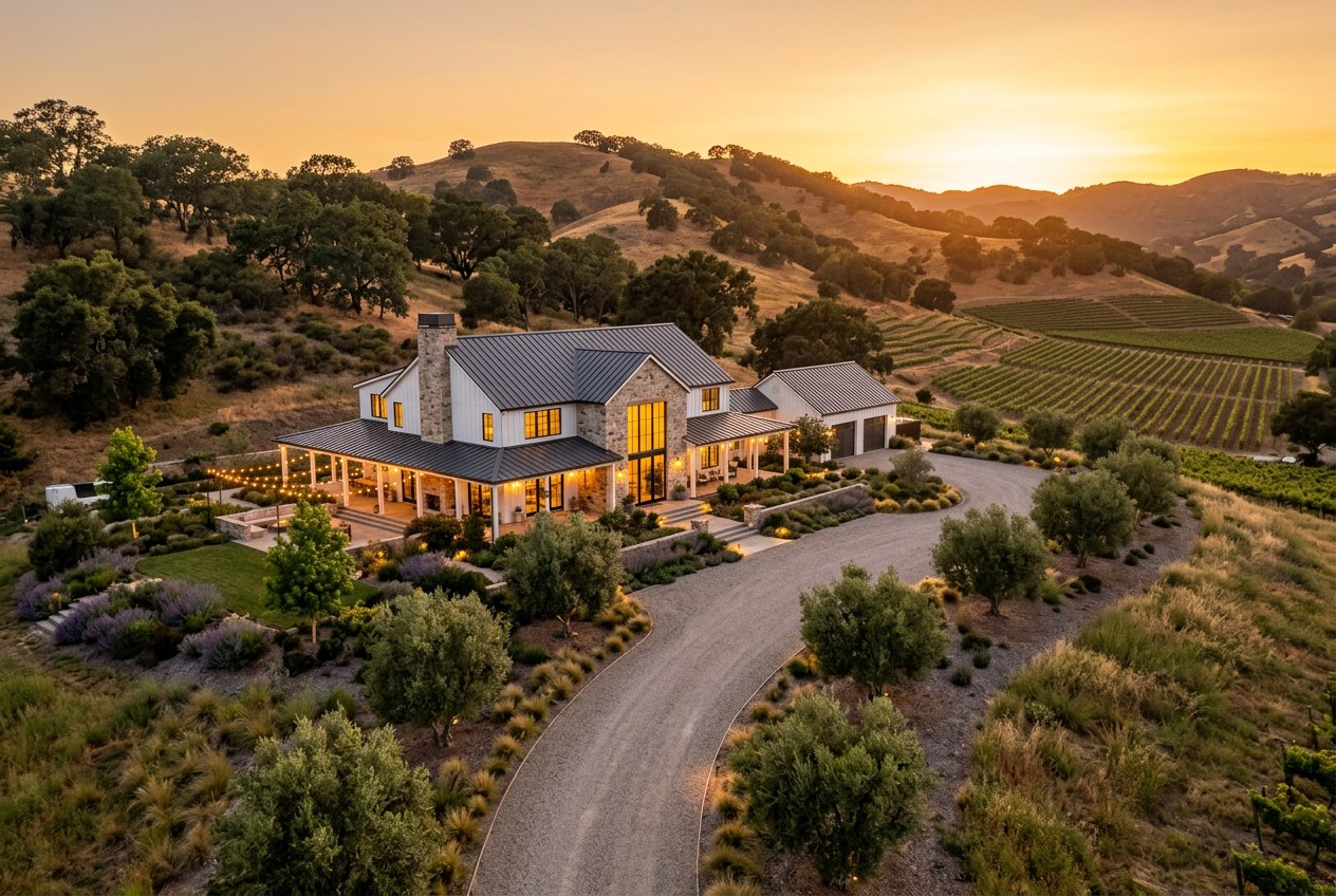 Modern estate home in South Santa Clara County at dusk
