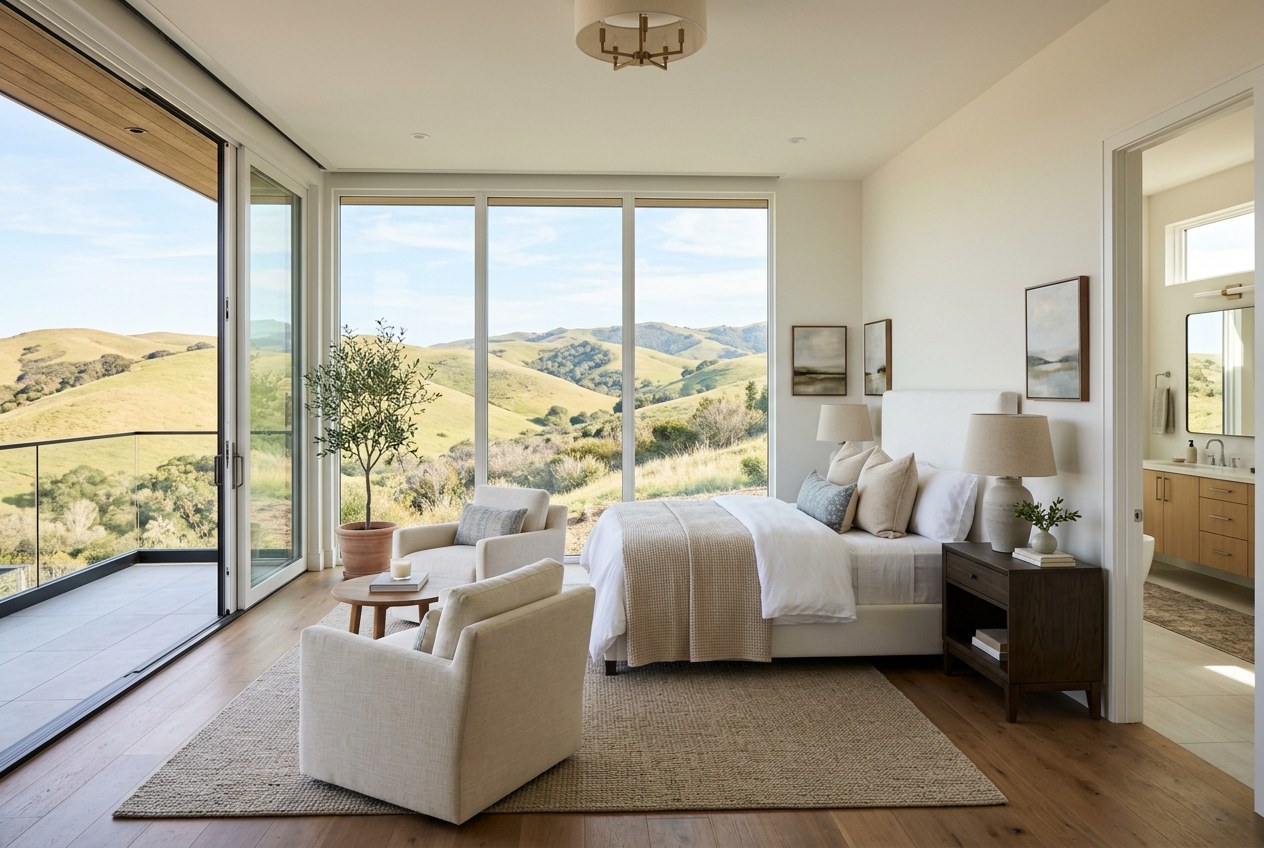 Bright primary bedroom suite overlooking South Bay hills