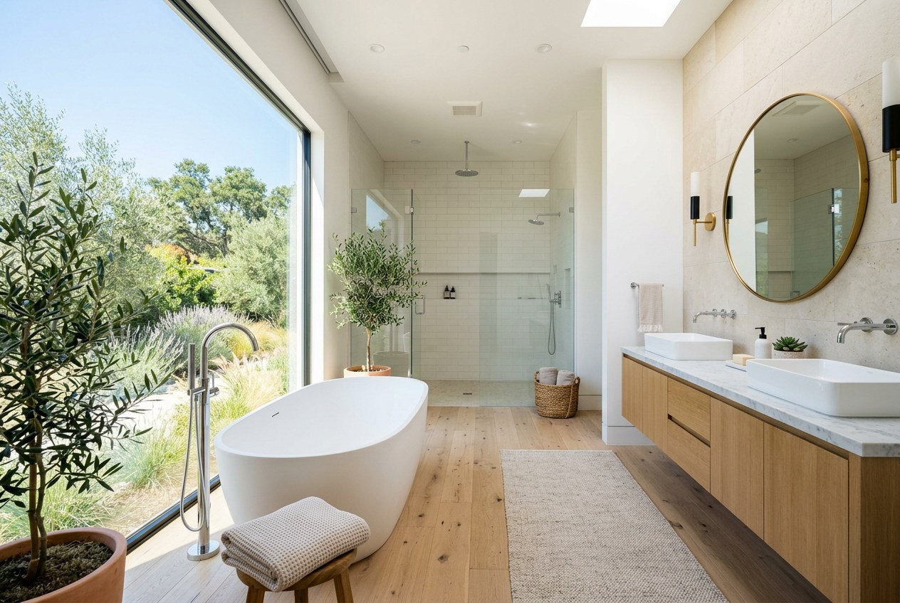 Bright primary suite bathroom in a South Bay new construction home